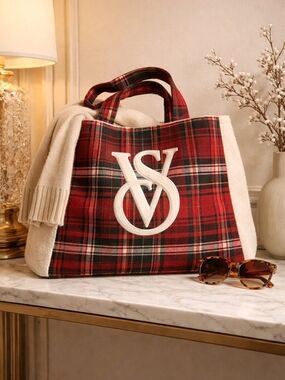 Victoria's Secret Red Plaid Tote with Cream Trim